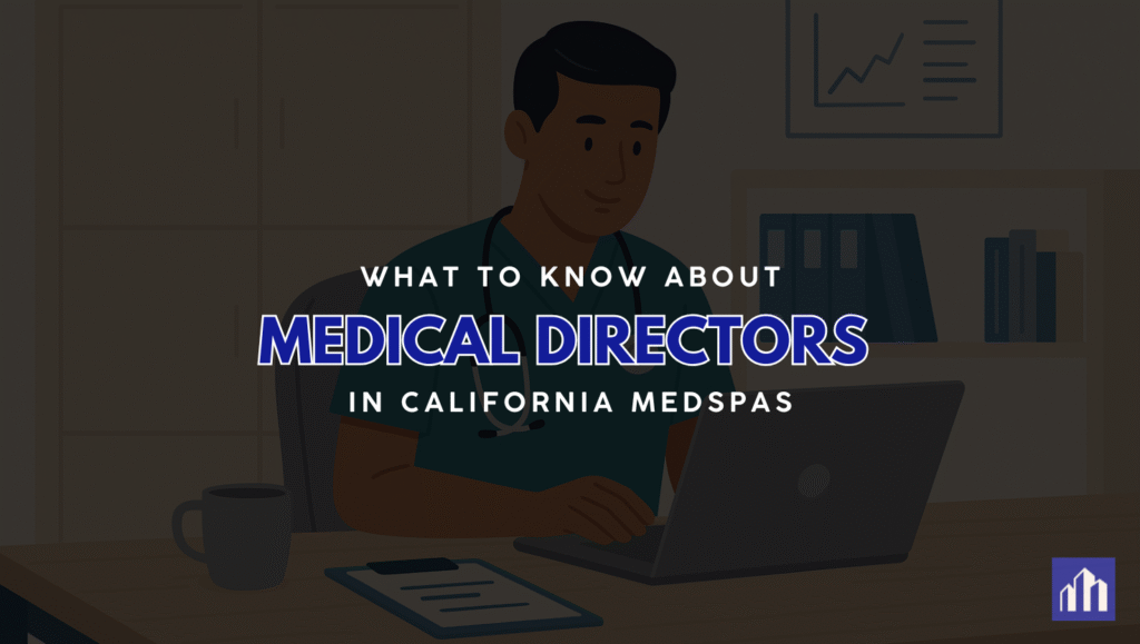 Cartoon-style illustration of a nurse practitioner interviewing multiple physicians for a medical director role in a MedSpa setting
